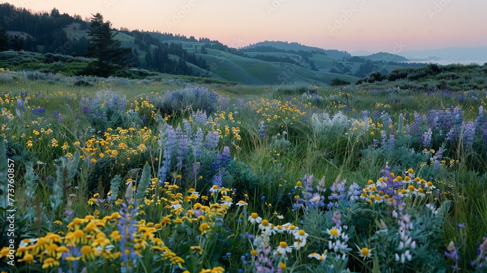 Aufkleber a rolling field of wildflowers with the soft glow of twilight in the background ai generated illustr
