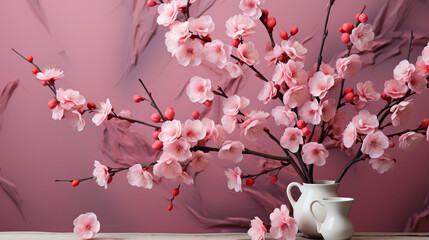 A delicate cherry blossom branch in soft pink hues, gracefully arranged against a serene backdrop,...
