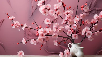 Selbstklebende Fototapeten A delicate cherry blossom branch in soft pink hues, gracefully arranged against a serene backdrop, providing a serene setting © SHAN.