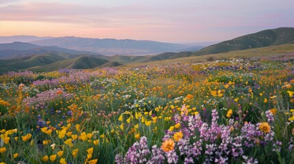 Fototapeta premium A rolling field of wildflowers with the soft glow of twilight in the background AI generated illustration