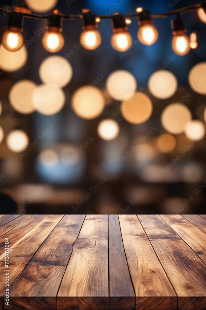 Aufkleber empty wooden table top with lights bokeh on blur restaurant background