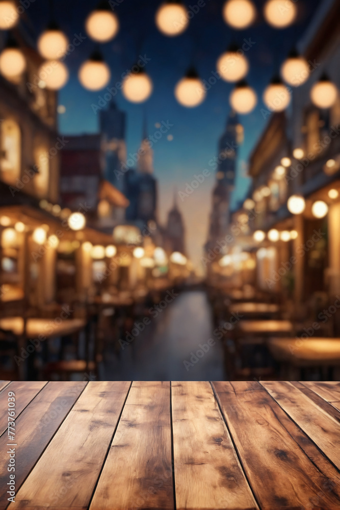 Aufkleber empty wooden table top with lights bokeh on blur restaurant background