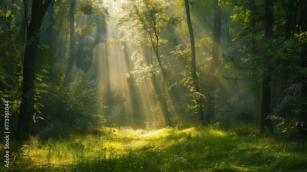 Poster a serene forest clearing with dappled sunlight filtering through the trees raw ai generated illustra