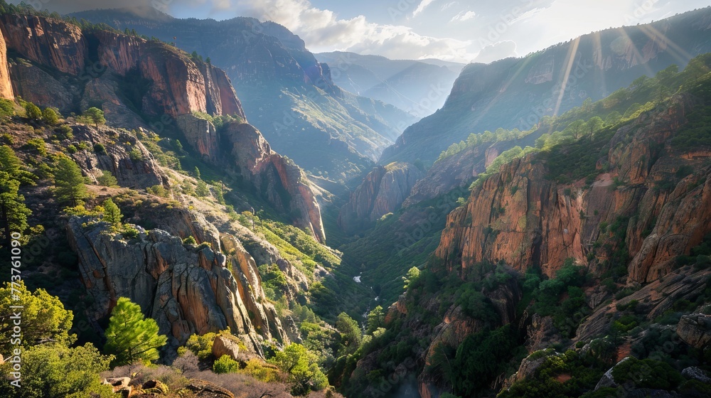 Poster a serene valley nestled between towering cliffs with sunlight streaming through the gap ai generated