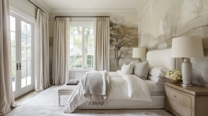 A serene bedroom with a statement wall mural and soft neutral colors raw AI generated illustration
