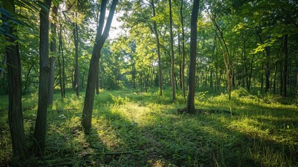 Naklejka premium A serene forest clearing with dappled sunlight filtering through the trees AI generated illustration