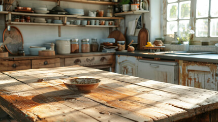 Fototapeta na wymiar A cozy kitchen scene with natural light focusing on a wooden table, warmth, and homeliness