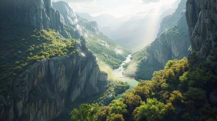 A serene valley nestled between towering cliffs with sunlight streaming through the gap raw AI generated illustration - obrazy, fototapety, plakaty