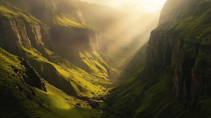 A serene valley nestled between towering cliffs with sunlight streaming through the gap AI generated illustration