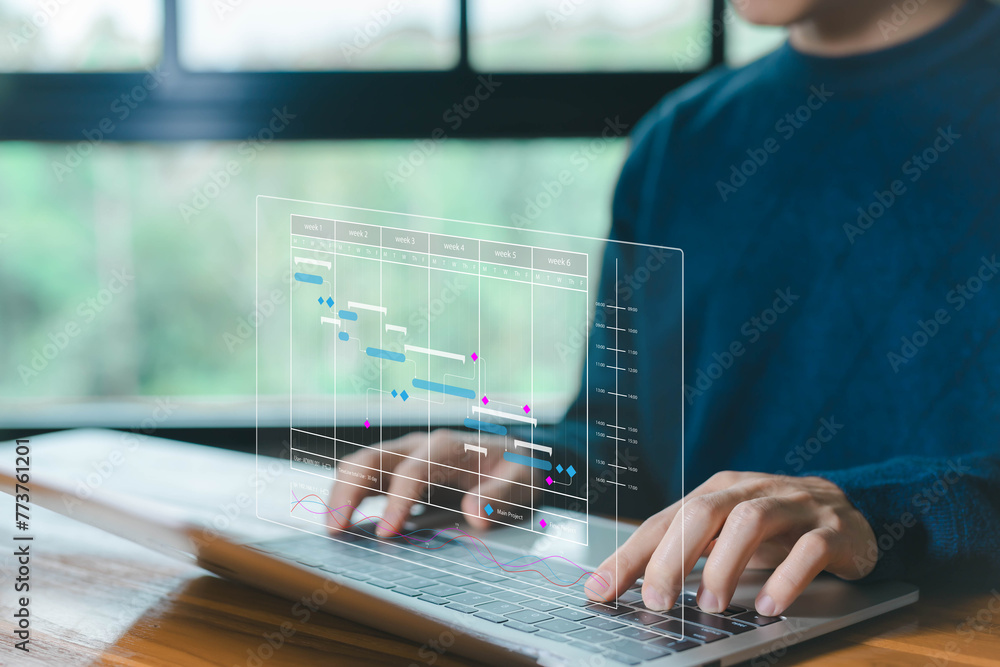Poster updating and managing milestones on a timeline gantt chart in technology online. project planner in 