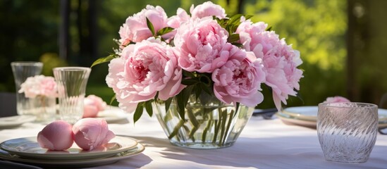 Pink flowers displayed in a vase placed next to a plate of pink eggs on a table