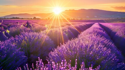 A sun-drenched field of lavender in full bloom AI generated illustration - obrazy, fototapety, plakaty