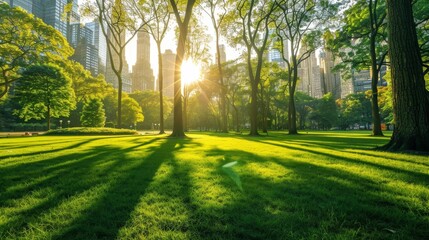 A sunlit city park with trees casting long shadows on the grass AI generated illustration