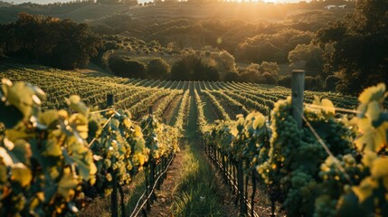 A sunlit vineyard with rows of grapevines stretching into the distance AI generated illustration - obrazy, fototapety, plakaty