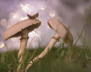 Grasshopper perched on the cap of a mushroom, agrocybe aegerita, agrocybe cilindrácea or poplar...