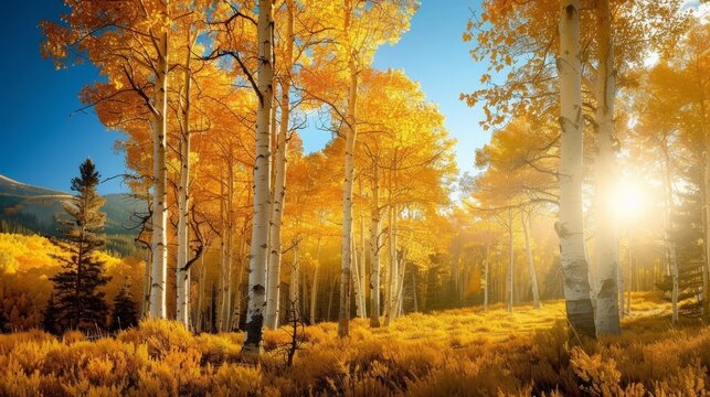 A sunlit grove of aspen trees with golden leaves fluttering in the breeze AI generated illustration