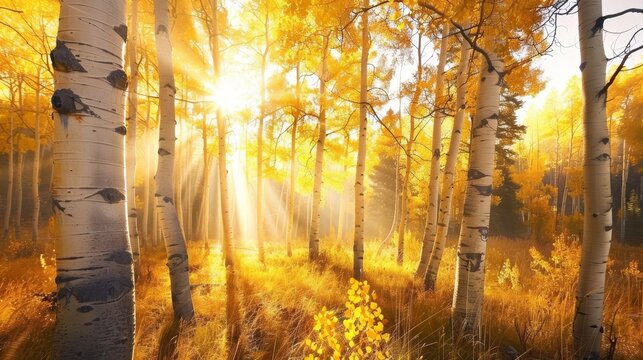 A sunlit grove of aspen trees with golden leaves fluttering in the breeze AI generated illustration