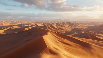 Fototapeta na wymiar A vast desert landscape with sunlight casting long shadows across the dunes AI generated illustration