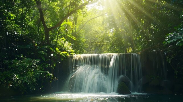 A tranquil waterfall hidden in a lush rainforest with sunlight streaming through the canopy above raw AI generated illustration
