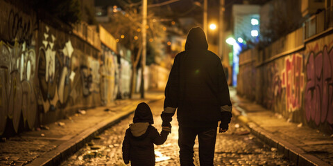 Back of man in hood holding hand of child kid in dark park street at night late evening. Crime, stalking and sexual assault concept