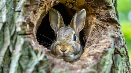 Adorable rabbit looking out from its hiding place raw AI generated illustration - obrazy, fototapety, plakaty