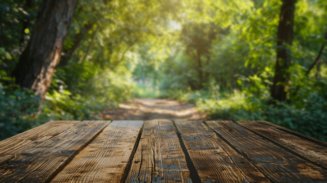 A vivid image of an enchanting forest path as observed from a vantage point on a wooden boardwalk