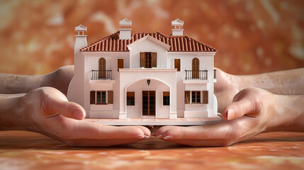 Hands presenting a 3D Max Spanish villa house miniature, with white walls and a red tiled roof, showcased on a terracotta background to evoke the warmth and allure of Mediterranean architecture.