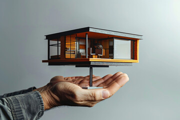 Hands holding a small house model with a striking cantilevered design, showcasing architectural innovation and boldness. - obrazy, fototapety, plakaty
