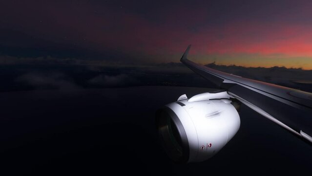 Airplane Wing and engine view at night
