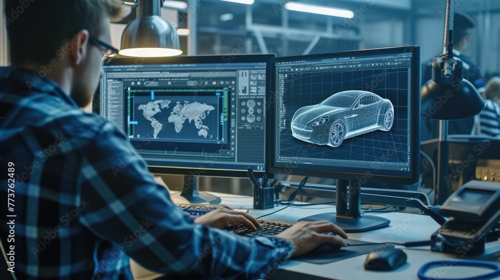 Poster a man sits at a desk with two computer monitors, using a personal computer and peripherals for engin