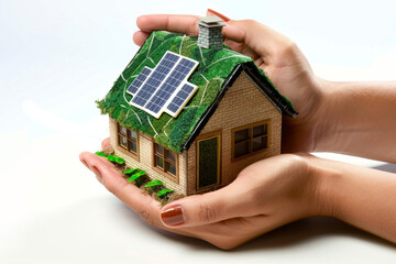 Hands gently holding a small, eco-friendly house with a green roof and solar panels, symbolizing sustainable living.