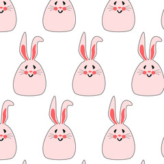 Seamless pattern with pink bunnies. Minimalistic Easter bunnies for printing on childrens products, fabric and wallpaper on a white background. Cartoon flat vector illustration.