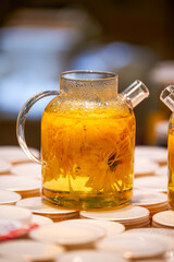 Close-up of a pot of brewing chrysanthemum tea