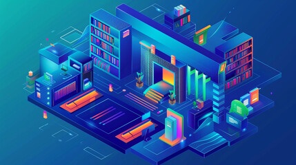 An isometric icon of a digital library and e-learning center, equipped with AR/VR learning experiences, symbolizing the future of education.