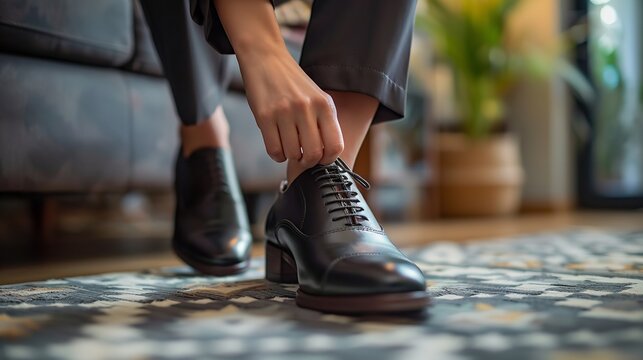 Close Shot Of A Office Woman Leg Wearing Shoes And Polishing It With Space For Text Or Product, Generative AI.