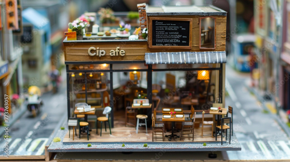 Canvas Prints An artisanal miniature house modeled after a tiny cafe, complete with miniature tables, chairs, and a tiny menu board, located on a bustling miniature city street scene.