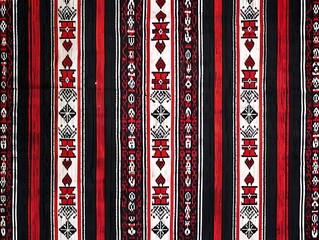Red and black background with white vertical stripes, a traditional Indian fabric pattern seen in jhut gifts
