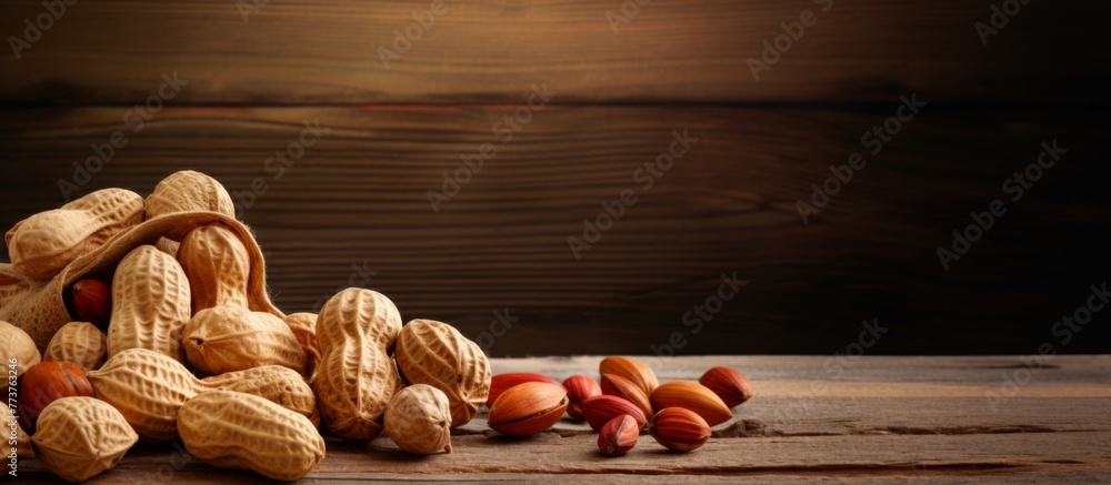Poster assorted peanuts and almonds are arranged in a heap on a rustic wooden surface