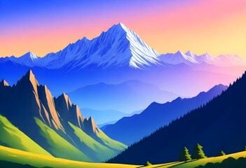 flat illustration classical animes Serene mountain (4) - obrazy, fototapety, plakaty