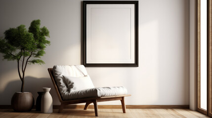 Empty frame in a living room interior with an armchair.