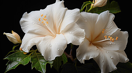A captivating image of a vibrant and rare Moonflower, its delicate white petals against a dark and...