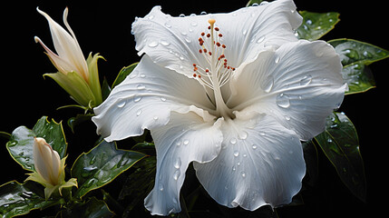 A captivating image of a vibrant and rare Moonflower, its delicate white petals against a dark and...