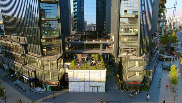 Aerial establishing shot of MUT urban market at Santiago de chile modern building downtown architecture, business center of South America