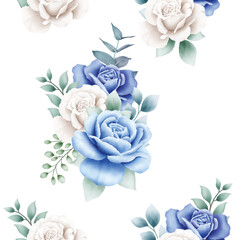 Hand drawn watercolor flower rose seamless pattern