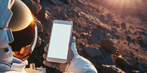 Spaceman examining new planet, using smartphone. Astronaut using mobile phone during spacewalk messaging taking pictures. Advertisement empty place. White screen mockup smartphone in hand of astronaut