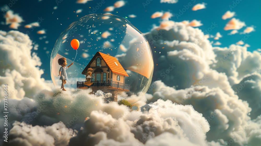 Poster A tiny figure of a child with a balloon, the balloon transformed into a dream bubble showing a 3D Max miniature house on a cloud, set against a deep blue sky dotted with white clouds.