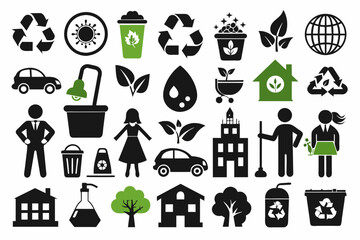 Collection of 30 tiny  Environmental Icons Plan a community cleanup event to promote environmental sustainability, silhouette vector illustration 