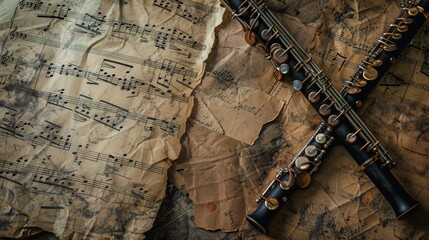 Classic oboe lies atop weathered sheets of music evoking the timeless beauty of classical woodwind...