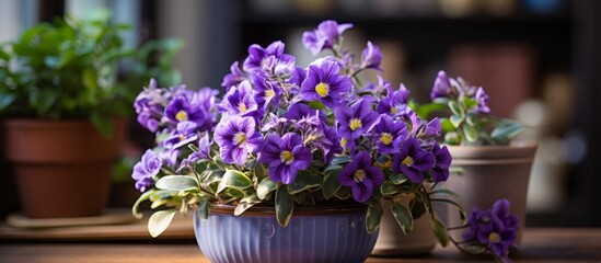 Fototapeta na wymiar Purple flowers blooming in a vibrant blue pot placed on a wooden table surrounded by various green plants