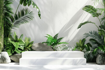 Minimalist blank podium in tropical forest for product presentation and green background